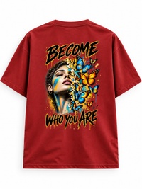 Zingleberry Become Who You Are red unisex oversized T-shirt with colourful female portrait and butterfly statement back print.