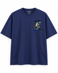 Zingleberry navy blue premium cotton oversized T-shirt with Become Who You Are modern-art graphic on left chest.