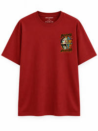 Zingleberry Become Who You Are premium red oversized T-shirt with small butterfly portrait left-chest graphic.