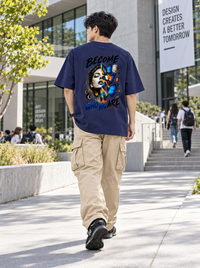 Male model wearing Zingleberry Become Who You Are navy blue unisex oversized graphic T-shirt with beige cargo pants.