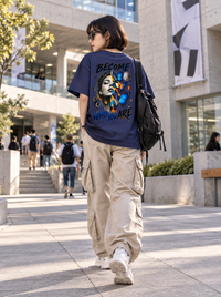 Female model wearing Zingleberry Become Who You Are oversized T-shirt featuring large butterfly, portrait and celestial back artwork.