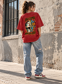 Woman wearing Zingleberry Become Who You Are premium red oversized T-shirt featuring colourful transformation-inspired butterfly back artwork.