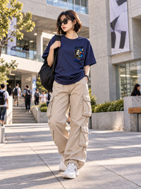 Female model wearing Zingleberry navy blue oversized T-shirt with butterfly modern-art chest graphic and beige cargo pants.