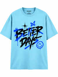 Zingleberry Better Days sky blue unisex oversized T-shirt with black and electric blue graffiti typography and smiley graphic.