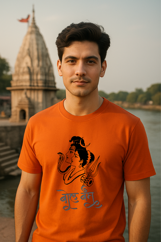 Male model wearing Zingleberry Bhole Bam orange t-shirt in front of temple – Lord Shiva-Parvati print with trishul, ideal for spiritual and ethnic occasions