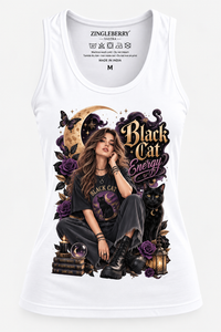 Zingleberry Black Cat Energy women’s white cotton tank top featuring a mystical black cat, crescent moon, purple roses and gothic-inspired graphic artwork.