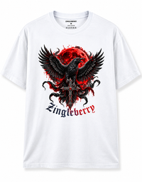 Zingleberry Blood Moon Raven white oversized unisex T-shirt featuring black raven, red moon and gothic cross graphic, made from 100% premium cotton.
