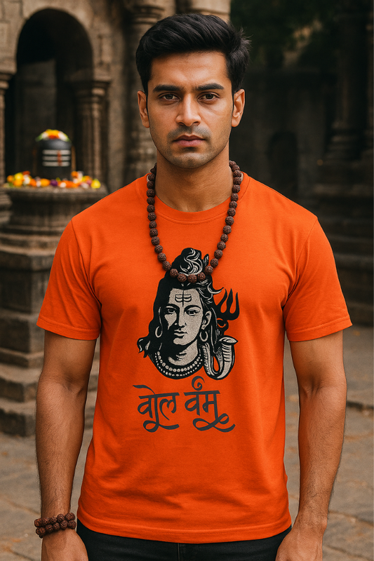 Male model in Zingleberry saffron orange Bol Bam t-shirt with Lord Shiva face artwork and trishul, standing in front of decorated Shiva temple