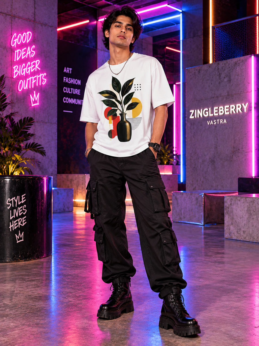 Man wearing Zingleberry Botanical Abstract Art white oversized T-shirt styled with black cargo pants and boots.