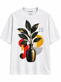 Zingleberry white unisex oversized cotton T-shirt featuring botanical leaves, black and gold vase and geometric abstract artwork.