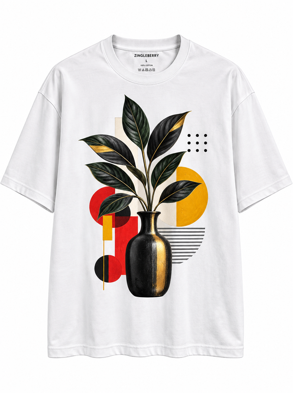 Zingleberry white unisex oversized cotton T-shirt featuring botanical leaves, black and gold vase and geometric abstract artwork.