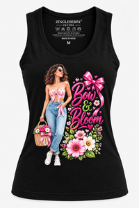 Zingleberry Bow & Bloom women’s black cotton tank top featuring vibrant pink bow, floral artwork and fashion graphic.