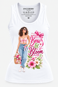 Zingleberry Bow & Bloom women’s white cotton tank top featuring pink bow, flowers and feminine fashion artwork.