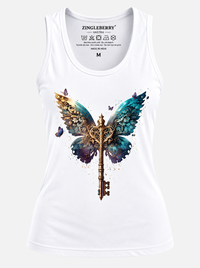 Zingleberry women’s white tank top featuring an ornate golden key with teal butterfly wings graphic print