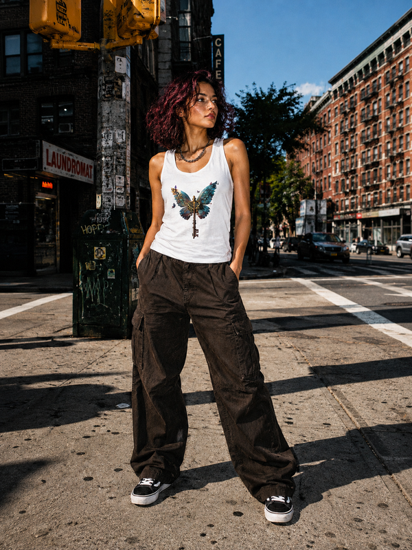 Female model wearing Zingleberry white butterfly key graphic tank top styled with brown wide-leg cargo pants.
