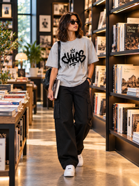 Female model wearing Zingleberry Chaos Crown grey oversized graphic T-shirt with black wide-leg cargo trousers and white sneakers.