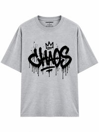 Zingleberry Chaos Crown grey melange unisex oversized T-shirt with black graffiti print and crown artwork.