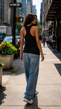 Zingleberry Cheers & Stripes black women’s cotton tank top plain back view with blue jeans