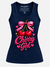 Zingleberry navy blue women’s tank top featuring a Cherry Girl graphic with red cherries, pink gingham bow and heart details.