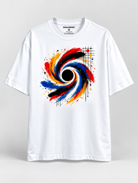 Zingleberry white unisex oversized cotton T-shirt featuring a red, blue, yellow and black abstract vortex graphic with expressive brush strokes.