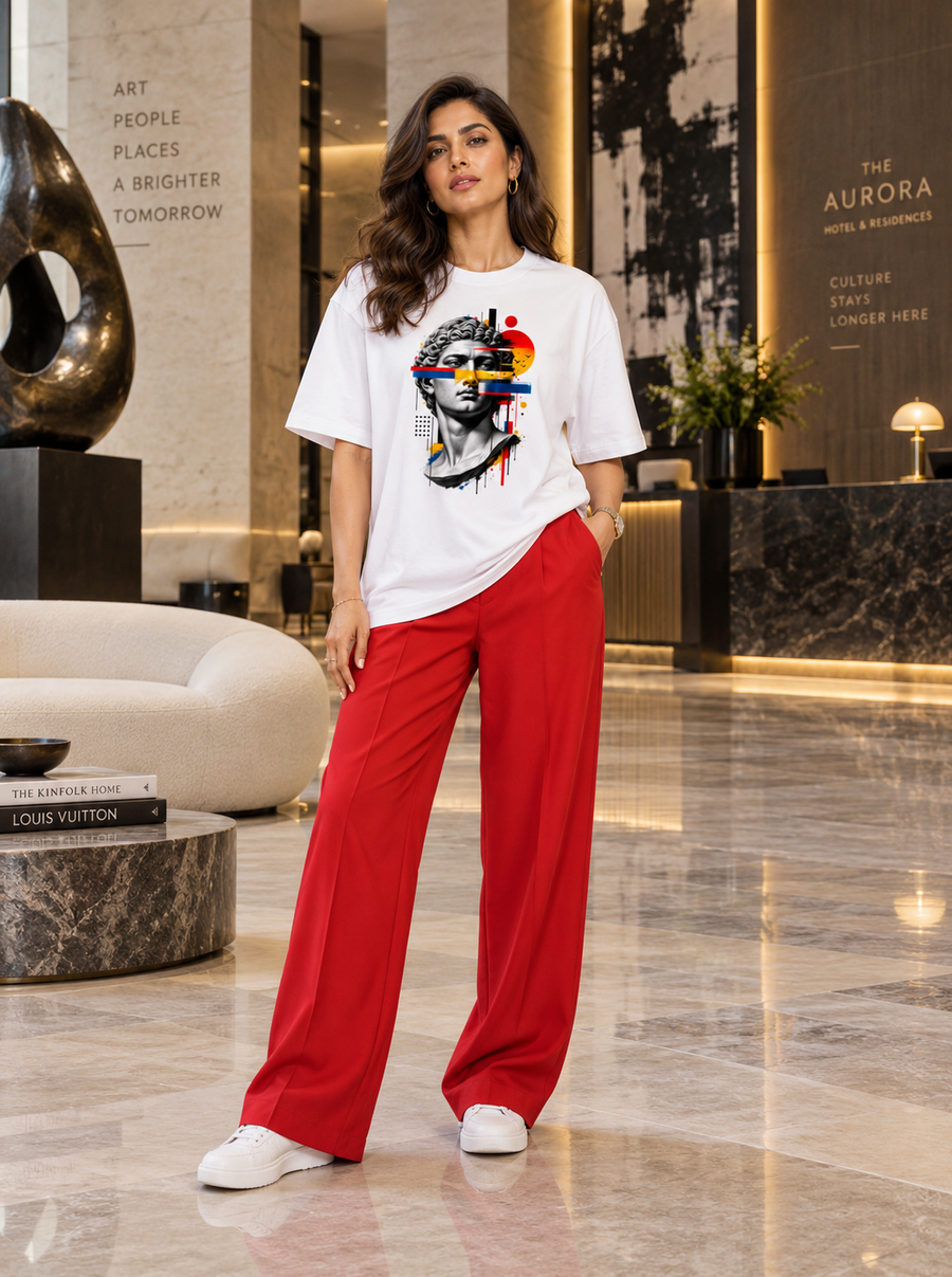 Woman wearing Zingleberry white oversized classical sculpture modern art graphic T-shirt with red wide-leg trousers.