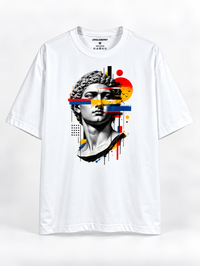 Zingleberry white oversized premium cotton T-shirt featuring classical sculpture portrait with red, blue and yellow modern abstract art details.