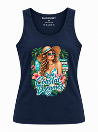 Zingleberry Coastal Dreamer women’s navy blue cotton tank top with beach muse and tropical graphic product mockup