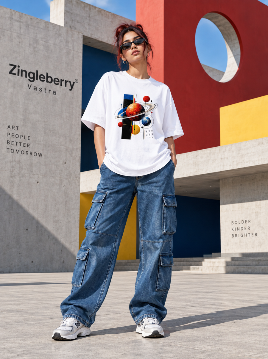 Woman wearing Zingleberry white Cosmic Orbit oversized graphic T-shirt with blue cargo jeans and sneakers.