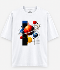 Zingleberry white oversized premium cotton T-shirt featuring colourful planets, orbital rings and modern geometric cosmic artwork.