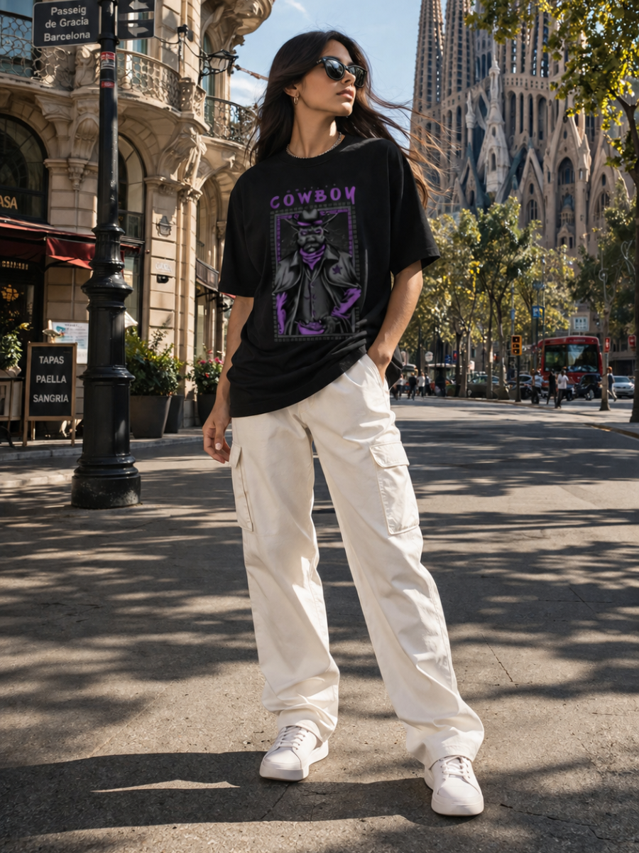 Female model wearing Zingleberry Cowboy Premium Unisex Black Cotton Graphic T-Shirt styled with white cargo pants for modern summer streetwear fashion.