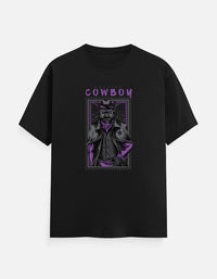Front view of Zingleberry Cowboy Premium Unisex Black Cotton T-Shirt featuring a bold western-inspired purple graphic print made from 100% pure cotton.