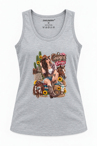 Zingleberry Cowgirl Energy women’s grey cotton tank top featuring a western cowgirl, horse, cactus and sunflower graphic.
