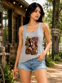 Female model wearing Zingleberry Cowgirl Energy grey tank top with denim shorts in a western ranch setting.