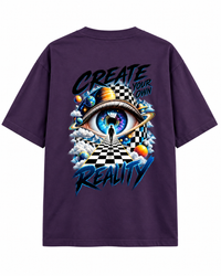 Zingleberry purple oversized T-shirt featuring large Create Your Own Reality surreal cosmic eye, planets and checkerboard back print.