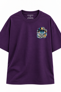 Zingleberry purple premium cotton oversized T-shirt with 3-inch surreal cosmic eye graphic on the left chest.