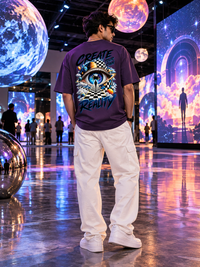 Male model wearing Zingleberry purple oversized T-shirt with Create Your Own Reality cosmic eye and checkerboard back graphic.