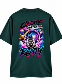Zingleberry Create Your Own Reality Petrol Blue oversized T-shirt back featuring colourful astronaut, spiral galaxy, planets and neon cosmic typography