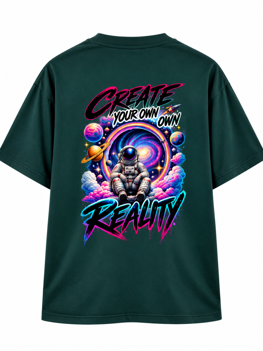 Zingleberry Create Your Own Reality Petrol Blue oversized T-shirt back featuring colourful astronaut, spiral galaxy, planets and neon cosmic typography