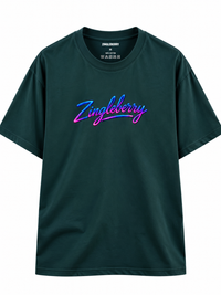 Zingleberry Create Your Own Reality petrol blue unisex oversized T-shirt front featuring neon blue and pink Zingleberry signature logo across the chest