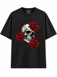 Zingleberry Crimson Bloom Skull black unisex oversized T-shirt with red roses front graphic