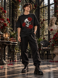 Male model wearing Zingleberry Crimson Bloom Skull black oversized T-shirt with Gothic red rose graphic