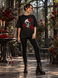 Female model wearing Zingleberry Crimson Bloom Skull black oversized T-shirt with red rose Gothic artwork