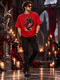 Male model wearing Zingleberry Crimson Dragon red unisex oversized Gothic T-shirt with black cargo trousers and boots.