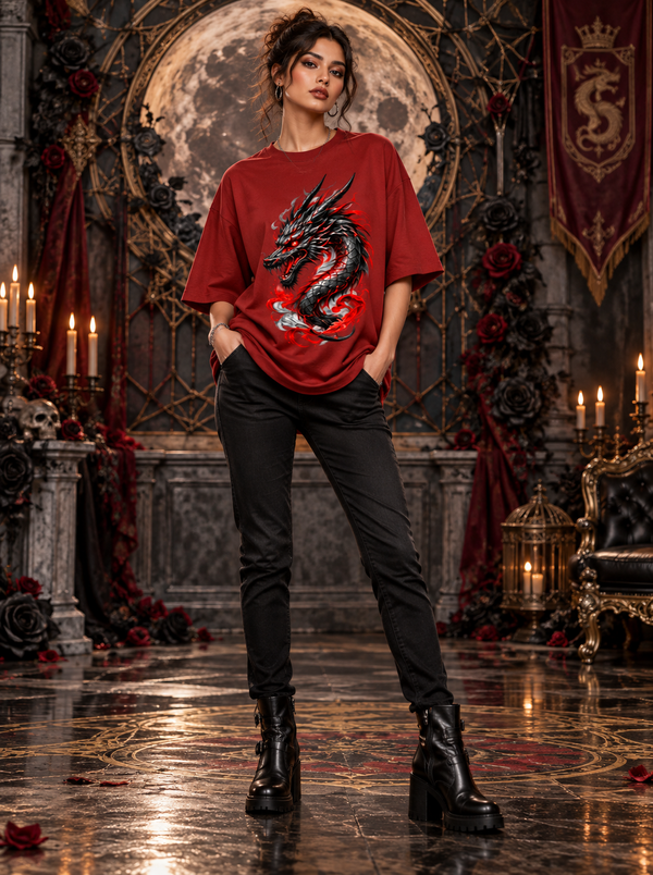 Female model wearing Zingleberry Crimson Dragon red oversized Gothic T-shirt with black trousers and chunky boots.