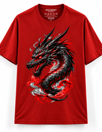 Zingleberry Crimson Dragon red unisex oversized Gothic T-shirt with black silver dragon graphic and crimson red accents.