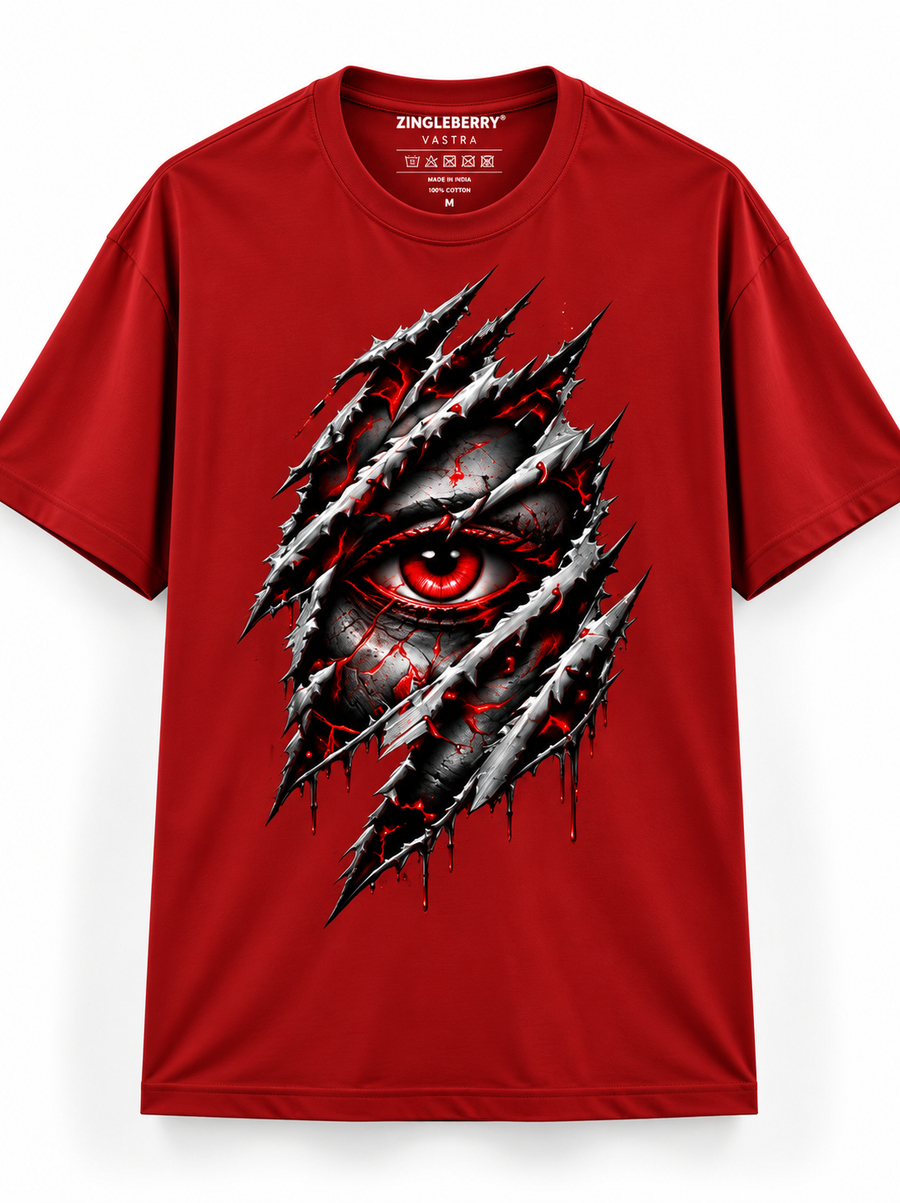 Zingleberry Crimson Gaze red unisex oversized Gothic T-shirt with crimson eye and metallic slash graphic.