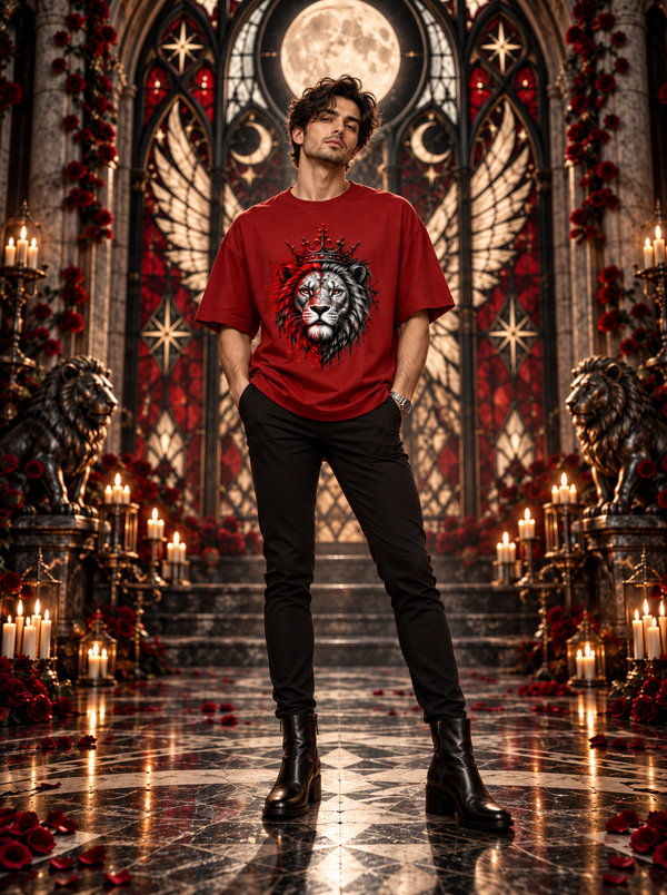 Male model wearing Zingleberry Crimson King red unisex oversized Gothic lion T-shirt with black trousers and leather boots.