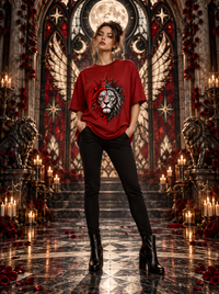 Female model wearing Zingleberry Crimson King red unisex oversized Gothic lion T-shirt with black trousers and ankle boots.