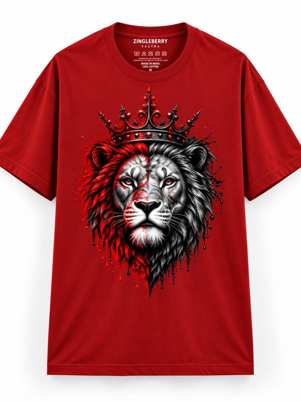 Zingleberry Crimson King red unisex oversized Gothic T-shirt featuring black silver and crimson crowned lion artwork.