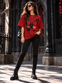 Female model wearing Zingleberry Crimson Nocturne red oversized Gothic butterfly T-shirt with black jeans and combat boots.